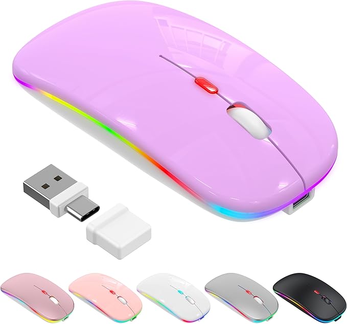 Bluetooth Wireless Mouse, Slim LED Rechargeable Silent Mouse with 2.4GHz USB-A/USB-C Receiver & Type-C Adapter, Compatible with Laptop, MacBook, iPad, iPad Pro,Mac,Tablet - Purple