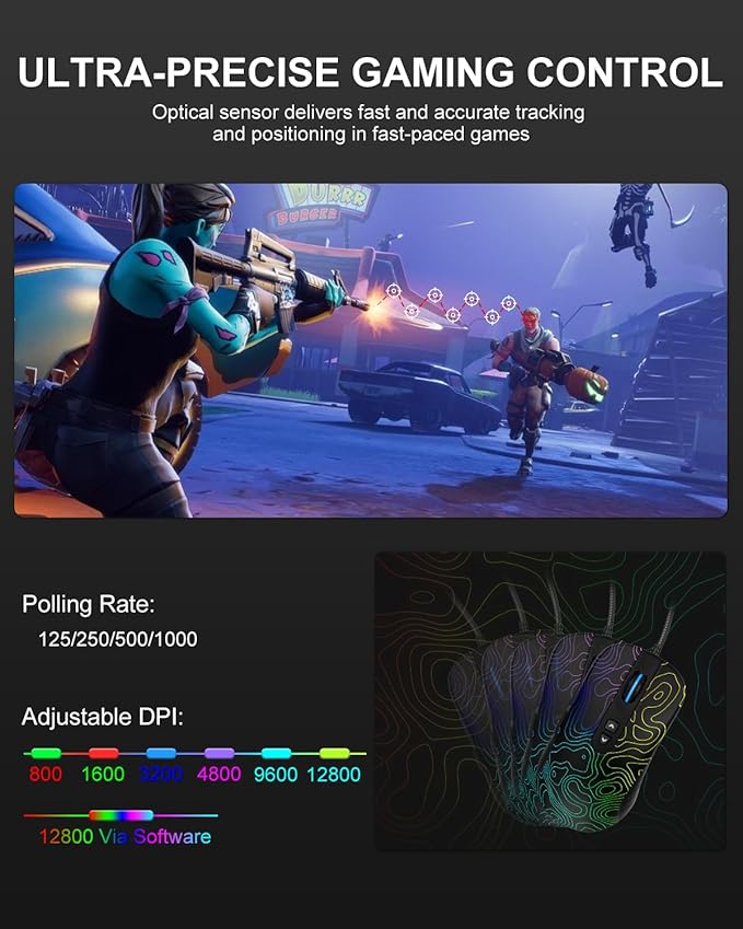 Womier G706 USB Wired Gaming Mouse for PC Computer Windows Mac Laptop, Lightweight Silent RGB Backlit Mouse with Adjustable 12000DPI/7 Programmable Side Buttons,Topographic Theme (Black Topographic)