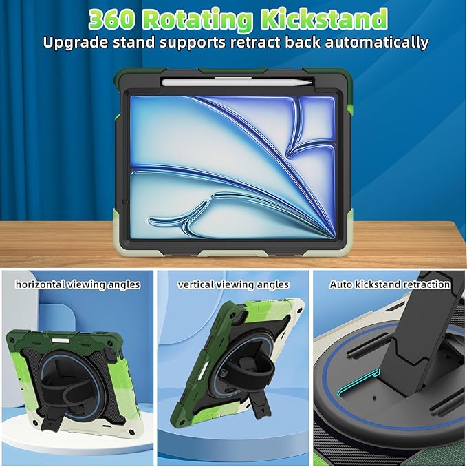 for Air 11 inch Case M3 2025 / M2 2024, Air 7th/6th Generation-with HD Screen Protector, 360 Rotating Kickstand/Hand Strap, Shoulder Strap, Pen Holder, Heavy Duty Military Grade- Kids Friendly