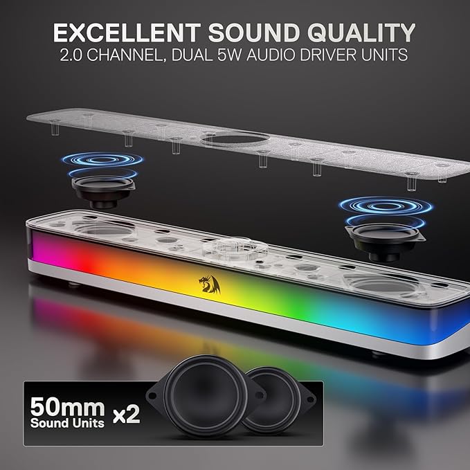 Redragon GS515 RGB Desktop Soundbar, 2.0 Channel Stereo Computer Speakers for Desktop with BT 5.3, USB-C/USB Powered, Gray