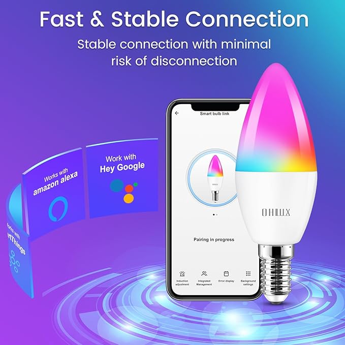 OHLUX E12 Led Bulb, Smart Candelabra Led Light Bulbs 5W 40 Watt Equivalent, Color Changing Light Bulb RGB Compatible with Alexa Google Home, Candle Small Bulbs with Voice Control, 1 Pack