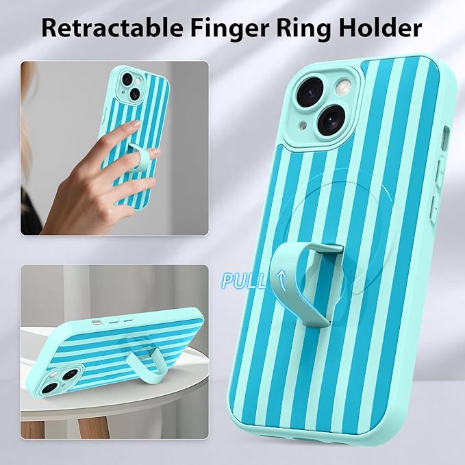 KANGHAR Compatible with iPhone 15 Case, Support for MagSafe, Silicone Stripes Cute Pattern, Wristband Kickstand Camera Protection Soft Slim Cover for Girls Women -Blue