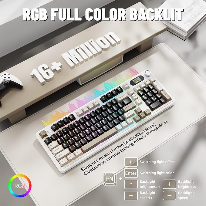 ATTACK SHARK X98PRO Wireless Mechanical Keyboard,Multi-Function Knob&TFT Screen,Tri-Mode BT/2.4GHz/USB-C Keyboard,Hot-Swappable RGB Backlit,4000mAh 98 Keys,Cloud Drive,for Win/Mac/Linux-Creamy White