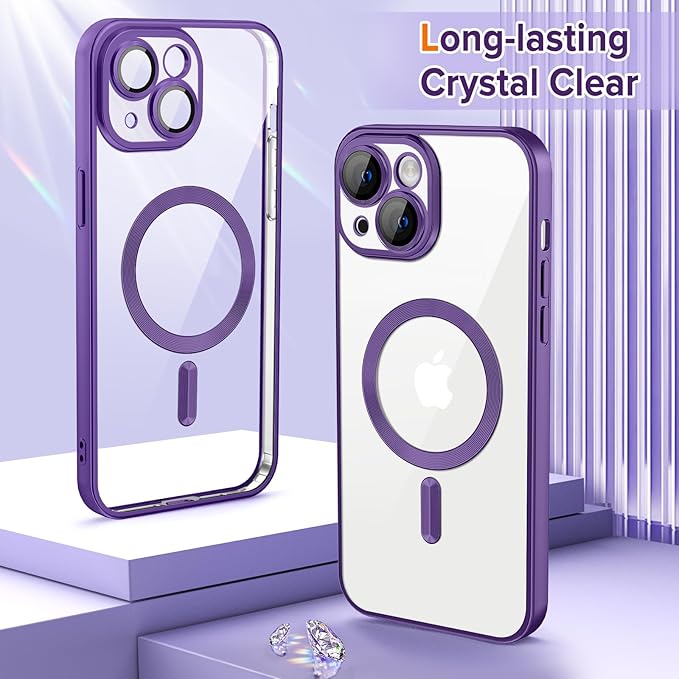 Hython Magnetic Clear for iPhone 15 Plus Case with Camera Lens Protector [Compatible with MagSafe] Luxury Plating Edge Slim Soft TPU Cover Protective Phone Case for iPhone 15 Plus 6.7", Matte Purple