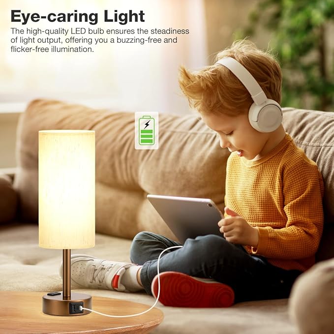 Fenmzee Brown Bedside Table Lamp for Bedroom - 3 Way Dimmable Touch Lamp USB C Charging Ports and AC Outlet, Small Lamp Round Flaxen Cream Fabric Shade for Living Room, Desk, LED Bulb Included
