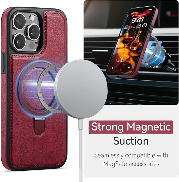 Compatible with iPhone 15 Pro Case with Stand, Compatible with MagSafe, Slim PU Leather & Durable TPU Protective Cover Drop-Proof with Tempered Glass Screen Protector 6.1", Red