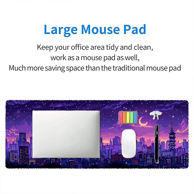 Japanese Anime Gaming Mouse Pad Pixel City Skyline Neon Large Gaming Mouse Mat with Stitched Edges,Non-Slip Waterproof Rubber Base Mous Mat 31.5"x11.8" Office Computer Keyboard Laptop Home