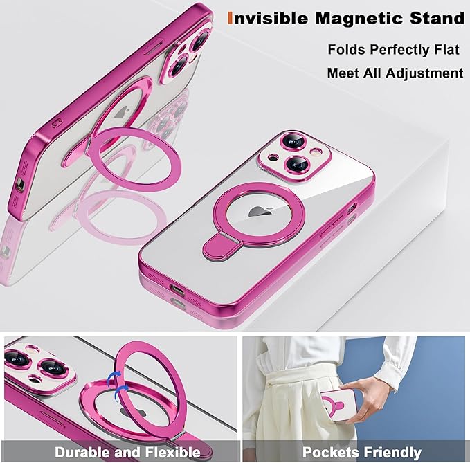 Compatible with iPhone 14 Case with Magnetic Ring Stand [Compatible with Mag-Safe] [Full Camera Lens Protector] Soft Plating Clear Phone Case for iPhone 14 6.1", Rose