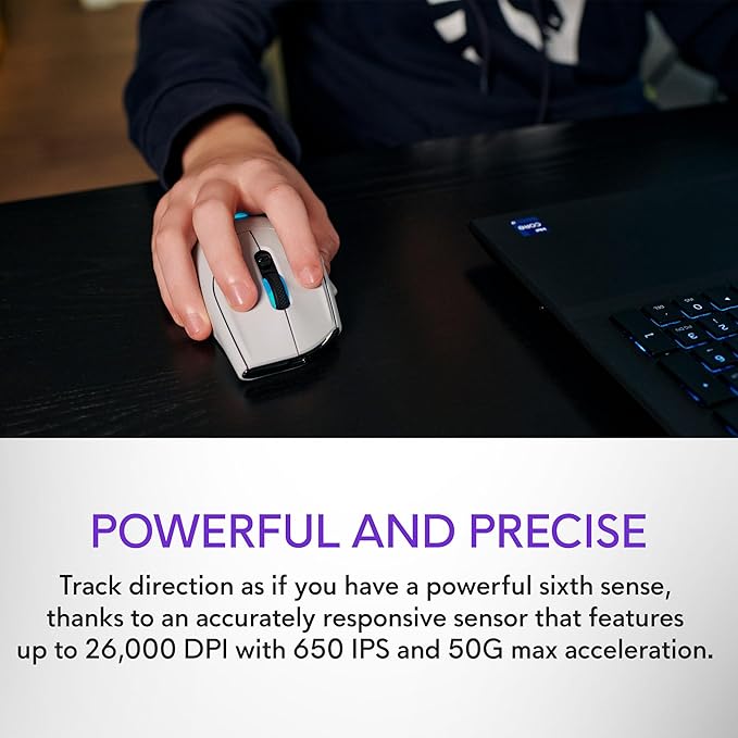 Alienware Wireless Gaming Mouse AW620M - Wireless/Wired, 1 x USB - 4 pin USB Type A, 26000 dpi, 3.52oz (99g) Weight, 7 Buttons, Non-Slip Grip, up to 140 Hours of Gaming - Lunar Light