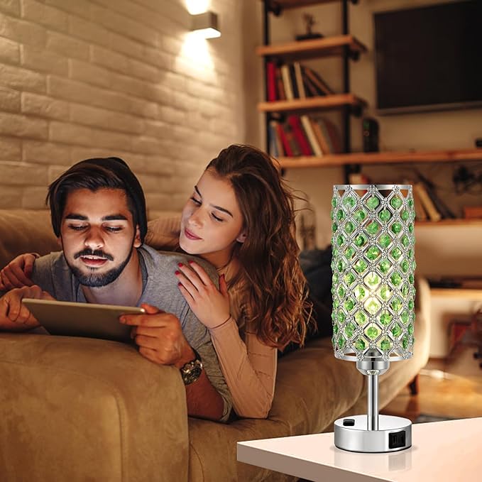 Hong-in Green Crystal Lamp Touch Control Set of 2, Crystal Table Lamps with USB C+A Ports & AC Outlet, 3-Way Dimmable Nightstand Touch Lamp, Modern Bedside Table Lamp for Bedroom(Bulbs Included)