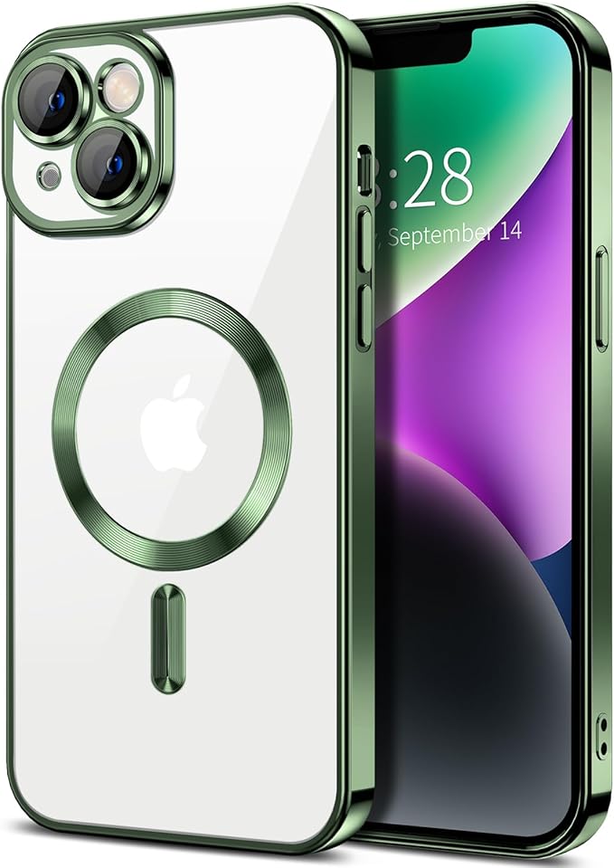 Hython Magnetic Clear for iPhone 14 Plus Case with Camera Lens Protector [Compatible with MagSafe] Luxury Plating Edge Slim Soft TPU Cover Protective Phone Case for iPhone 14 Plus 6.7", Deep Green
