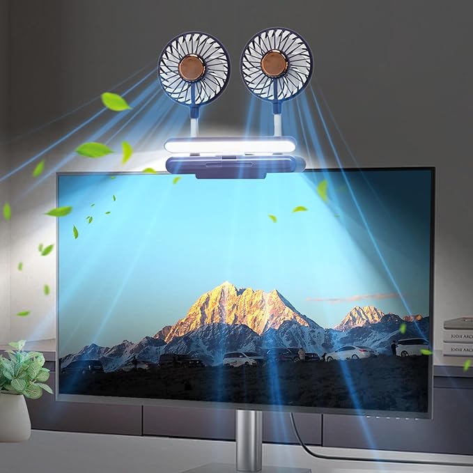 Desktop Fan with LED Lights, Monitor Clip on Fan with 2 Rotatable Heads, 3 Speeds Office Desk Fans Small Quiet Sturdy Adjustable Clamp, Strong Wind Personal Cooling Fans for Laptop, Desktop.