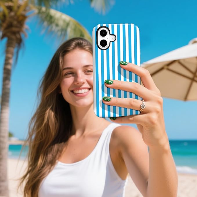 Magnetic for iPhone 17 Case Cute Stripes Phone Case, Shockproof Slim TPU and Hard PC Protective Phone Cover Compatible with MagSafe Designed for Women Girls, Deep Blue