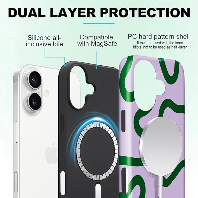 Magnetic for iPhone 16 Case Cute Curved Stripes Phone Case, Shockproof Slim TPU and Hard PC Protective Phone Cover Compatible with MagSafe Designed for Women Girls,Green