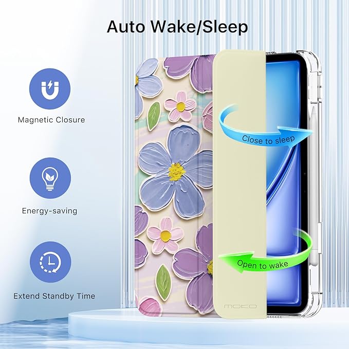 MoKo for iPad Air 11 inch Case (M4/M3/M2) 2026/2025/2024, iPad Air 5th/4th Gen 10.9 inch Case 2022/2020 with Pencil Holder, Slim Trifold Cover with Hard PC Translucent Back Shell, Painting Flower