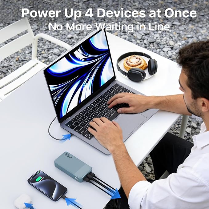 NOBIS Portable Charger, 65W 20000mAh Power Bank Fast Charging PD QC, 2 USB-C(in/Out) & 2 USB-A Battery Pack with Digital Display for Laptop Phone 17 Tablet Earbuds