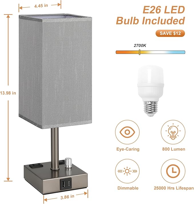 aooshine Grey Fully Dimmable Nightstand Lamps Set of 2 - Table Bedside Lamp with USB C+A Charging Ports & 2 AC Outlets, Square Lamp Sets Linen Fabric Shade for Bedroom Living Room(Bulb Included)