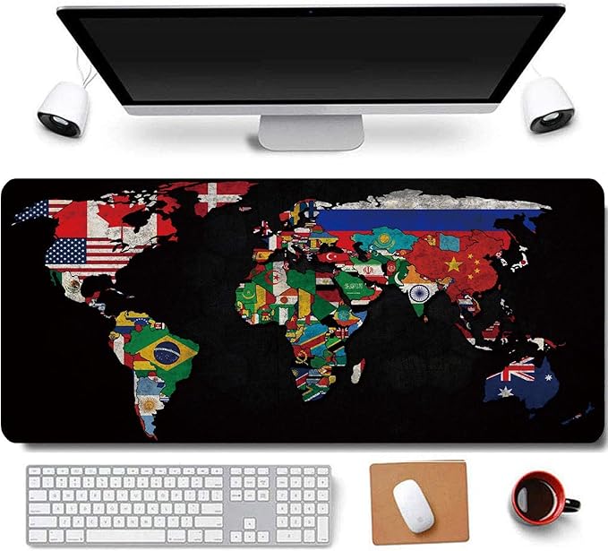 31.5x11.8 Inch Non-Slip Long Extended Large Gaming Mouse Pad with Stitched Edges XL Laptops Keyboard Mouse Mat(Black World Flag Map)
