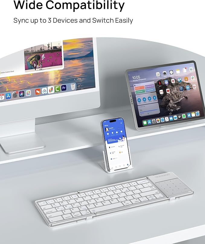 SODI Foldable Keyboard with Touchpad, Portable Wireless Keyboard for Mac with Stand Holder and PU Leather Cover, Rechargeable Pocket Folding Key Board for iPad, iPhone, Mac iOS Tablets & Laptop