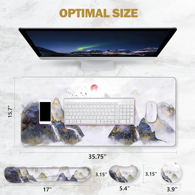 ToLuLu Extended Gaming Mouse Pad, Memory Foam Ergonomic Keyboard Mouse Wrist Rest Support Set, Large Desk Mat with Stitched Edges, Non-Slip Base Mousepad for Home Office Game Study, Ink Mountain