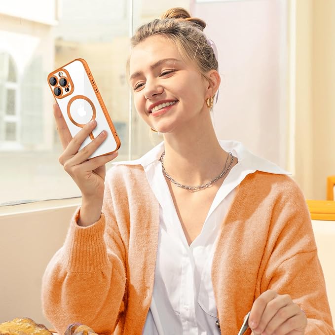 Hython Magnetic Clear for iPhone 16 Pro Case with Camera Lens Protector [Compatible with MagSafe] Luxury Plating Edge Slim Soft TPU Cover Protective Phone Case for iPhone 16 Pro 6.3", Matte Orange