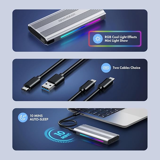 GRAUGEAR M.2 NVMe SSD Enclosure, 10Gbps USB3.2 Gen2 Tool-Free Aluminum External M2 Solid State Drive RGB Enclosure USB C, RTL9210 External Case for PCIe NVMe M-Key B+M Key [G-M901-AC-10G]