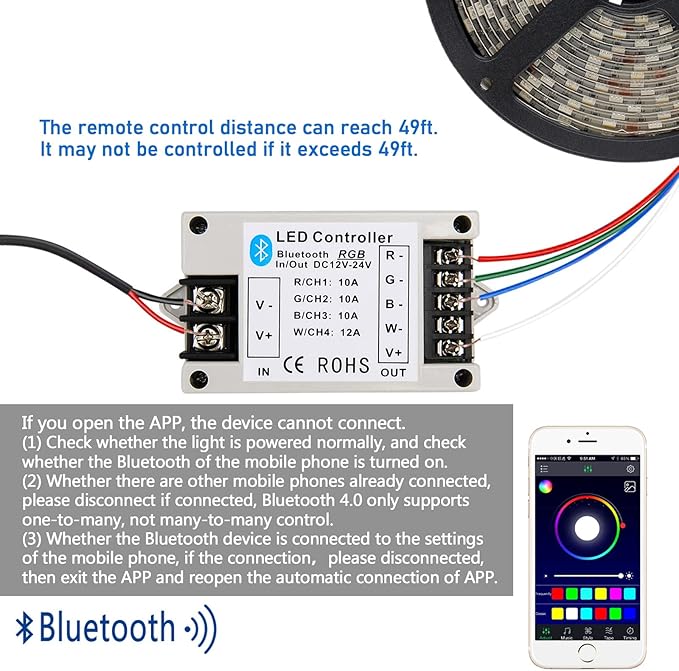 LIVE4COOL RGB/RGBW LED Bluetooth Controller RGB LED Strip Light Controller Phone APP Control for 5050 3528 RGB LED Strip Lights (Suitable for iOS & Android System)