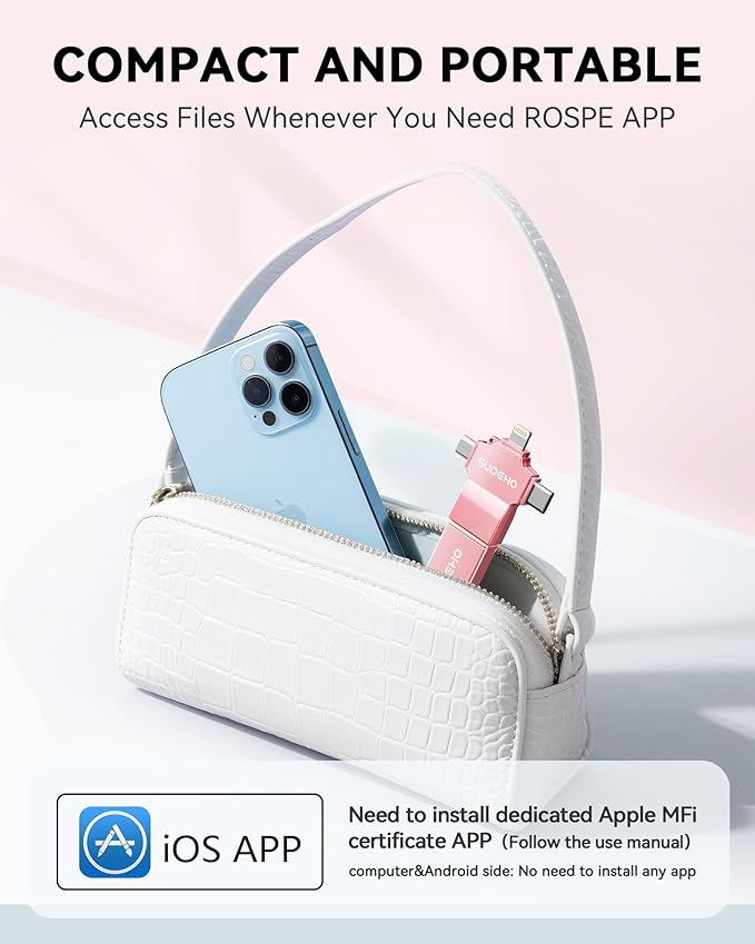 MFi Certified Photo Stick 256GB USB Flash Drive for iPhone, 4 in 1 External Memory Thumb Drive for Picture Video Backup, High Speed Memory Stick Pen Drive for iPhone/iPad/Android/PC (Rose Pink)