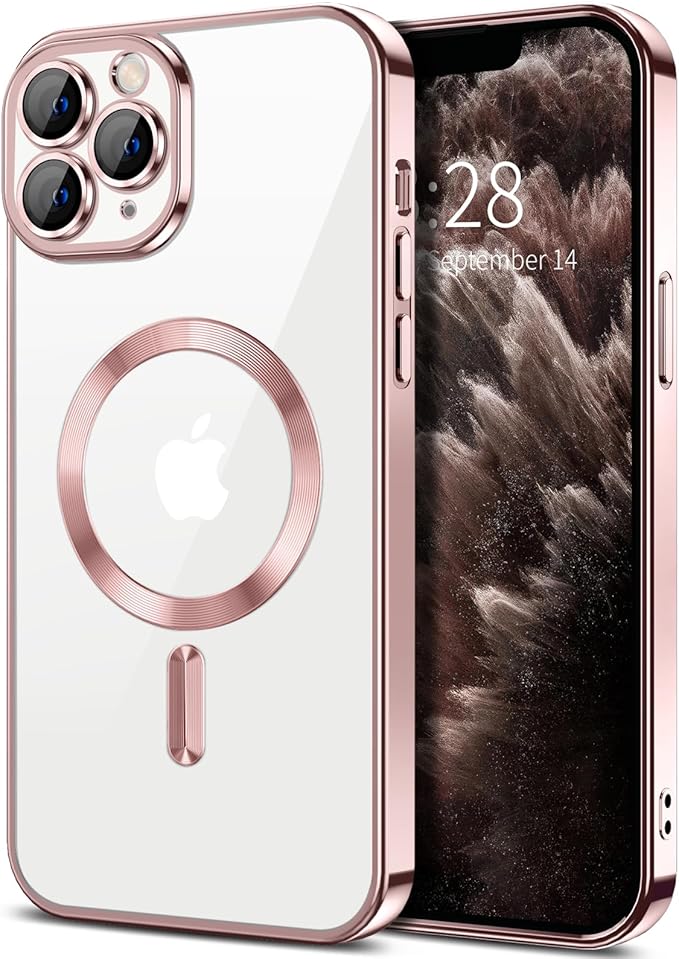 Hython Magnetic Clear for iPhone 11 Pro Max Case with Camera Lens Protector [Compatible with MagSafe] Plating Edge Slim Soft TPU Cover Protective Phone Case for iPhone 11 Pro Max 6.5", Pink