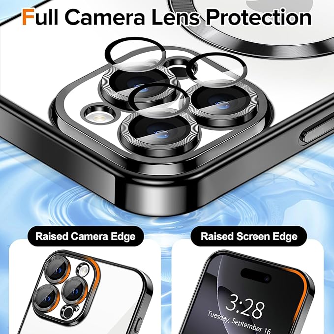 Hython Magnetic Clear for iPhone 16 Pro Case with Camera Lens Protector [Compatible with MagSafe] Luxury Plating Edge Slim Soft TPU Cover Protective Phone Case for iPhone 16 Pro 6.3", Black