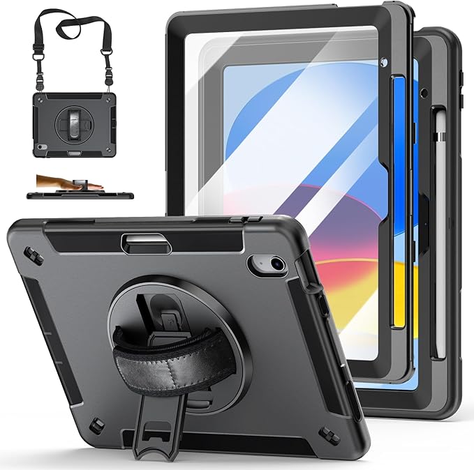 Case for iPad (A16) 11th/10th Generation Case: Protective Cover for iPad 11th Gen 11 Inch 2025 &10th Gen 10.9" 2022 with Screen Protector- Stand- Shoulder Strap- Handle- Pencil Holder-Black