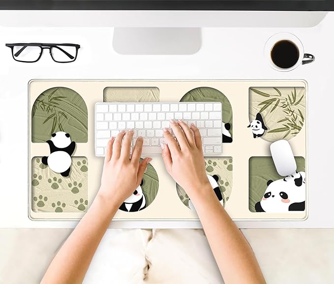 Cute Kawaii Panda Desk Mat Large Beige Mouse Pad XXL Mouse Pad Keyboard Mat, Cute Desk Accessories Office Decor, Extended Mousepad 31.5 X15.7 Non-Slip Rubber Base with Stitched Edges