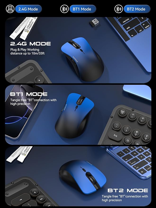 RAPIQUE Bluetooth Wireless Mouse - Dual Bluetooth & 2.4 GHz USB Receiver, Comfortable Grip, Quiet Clicks, Low Power - Multi-Device Compatibility for Laptop, MacBook, Computer, ipad(Gradient Blue)