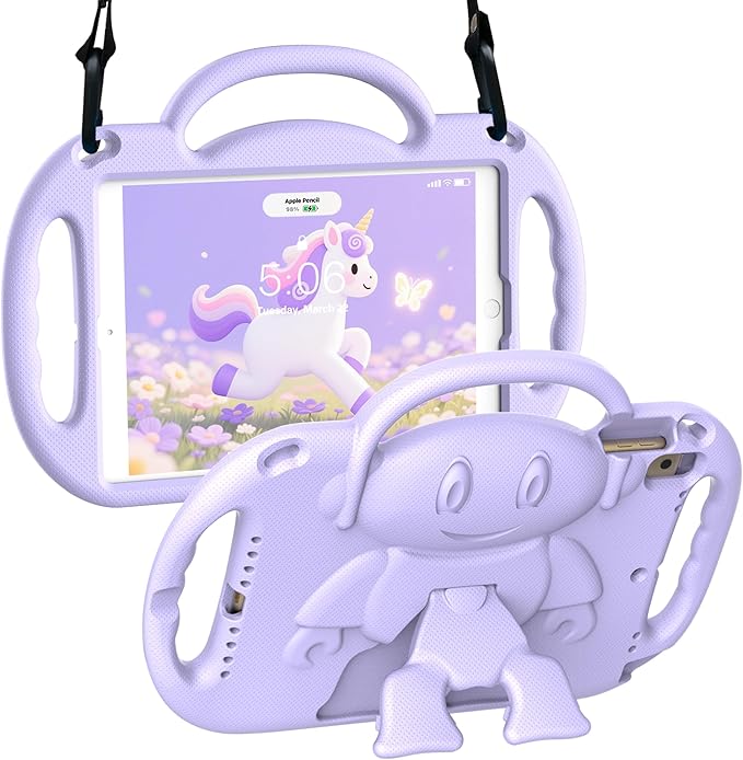 Kids Case for iPad 9th/8th/7th Generation (10.2 inch,2021/2020/2019), Kids Case for iPad Air 3rd Gen 10.5"/Pro 10.5, Durable Shockproof Cover with Shoulder Strap/Handle/Kickstand, Light Purple