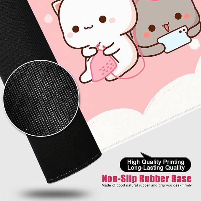 Pink Large Gaming Mouse Pad Kawaii Desk Pad XXL Cute Cat Mouse Mat 35x15.7x0.12 inch Desk Accessories (Pink Cat -2)