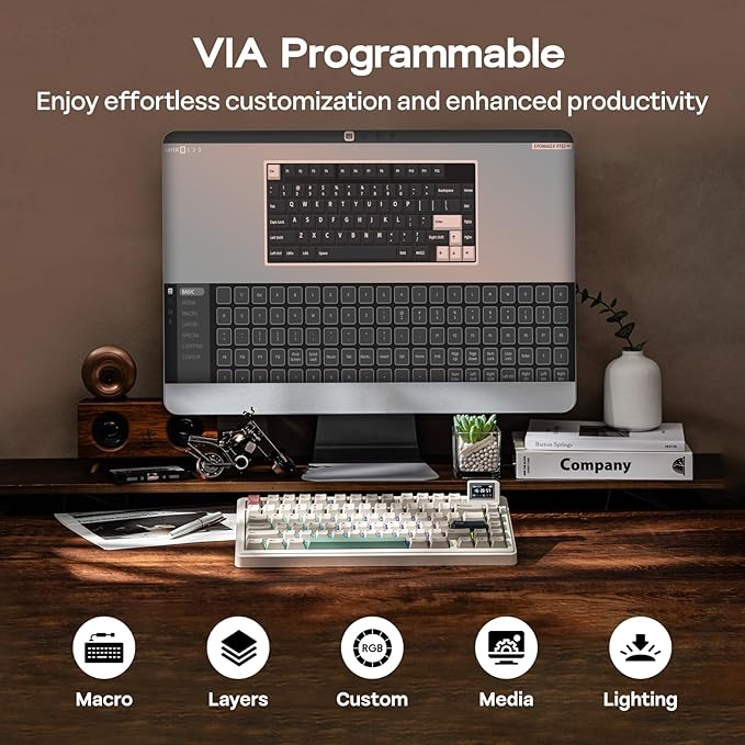 EPOMAKER RT82 Wireless Mechanical Keyboard with Screen, VIA Custom, 2.4GHz/USB-C/BT5.0, RGB Backlit, Gasket, 5-Paddings, PBT Keycaps, Hot-Swap Retro Gaming Keyboard (Sea Salt Silent)
