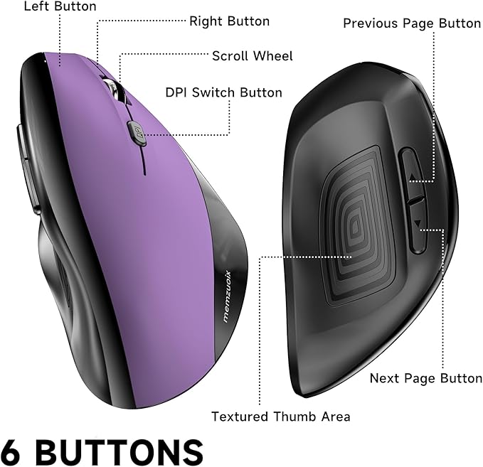 memzuoix Ergonomic Wireless Mouse, 2.4G Optical Cordless, 800/1200/1600 DPI, Vertical Computer Mouse for Laptop, Mac, PC, Desktop (Right Hand, Large) - Purple