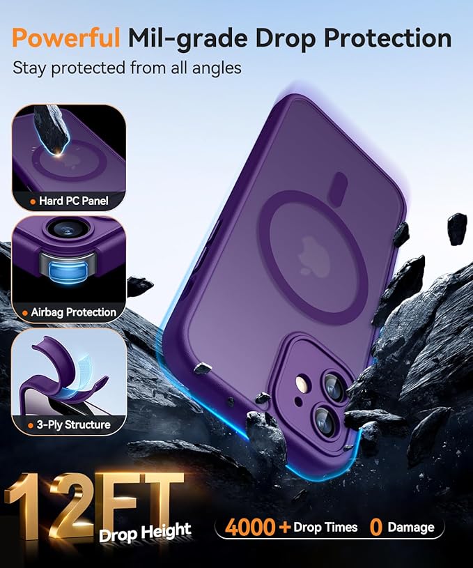 CANSHN Magnetic for iPhone 12 Mini Case, Upgraded [Full Camera Protection] [Compatible with Magsafe] [Translucent Matte] Shockproof Protective Phone Case for iPhone 12 Mini 5.4" - Deep Purple