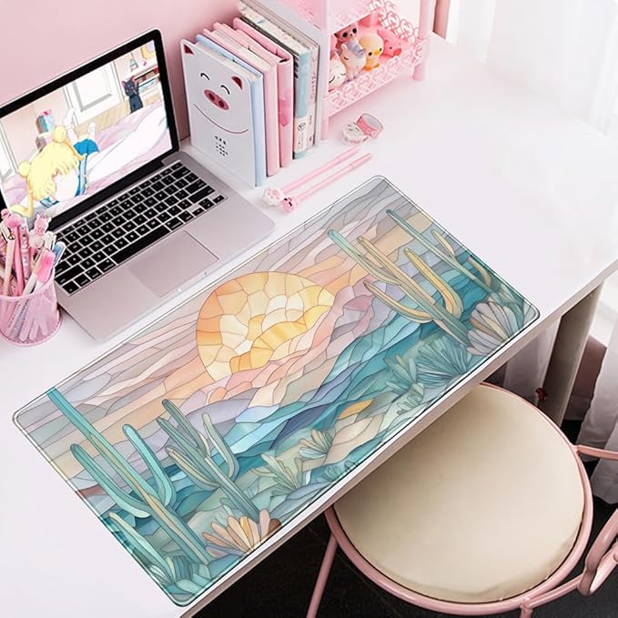 Desk Mat Gaming Abstract Ocean Desk Pad Large Mouse and Keyboard Pad, Faux Stained Glass Sun & Waves Mouse Mat XXL Desk Protector, Computer Mats for Desktop Sun & Waves Office Decor 31.5" X 15.7"