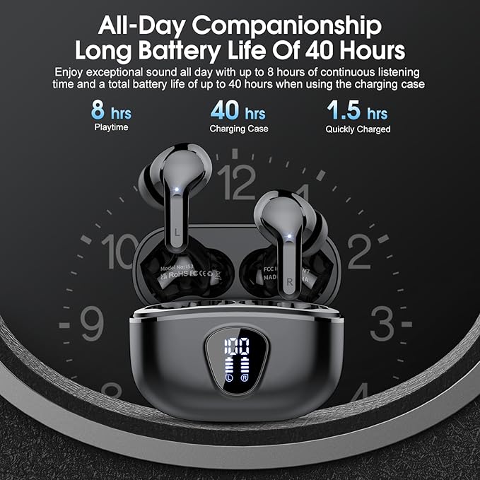 Wireless Earbuds, Bluetooth 5.4 Headphones HiFi Stereo, Bluetooth Earbuds with ENC Noise Cancelling Mic, IP7 Waterproof in Ear Earphones, 48H, LED Display Ear buds for Pad Workout Sports, Black