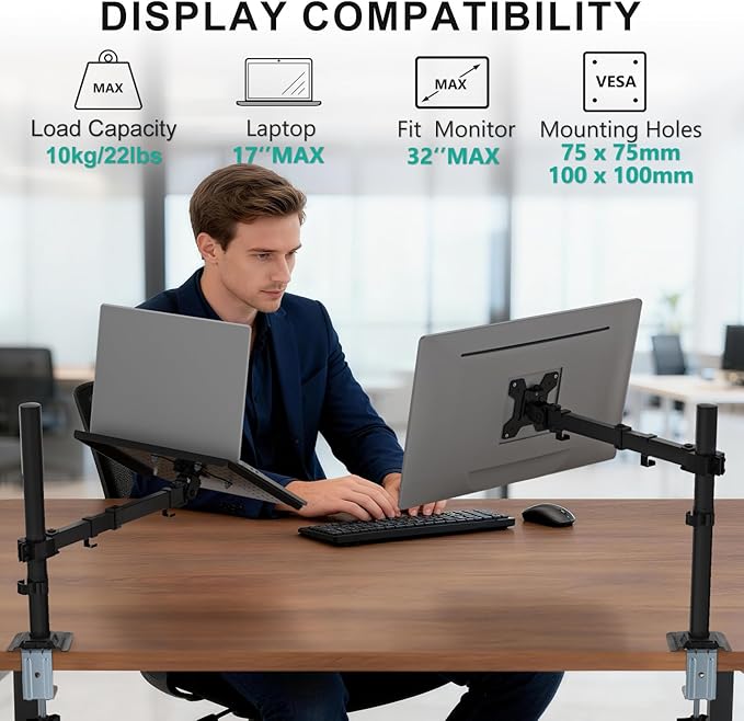 WALI Laptop Desk Mount for 17 inch Notebook, Adjustable Single Monitor Arm with Laptop Holder for 32 inch Screen, Laptops Stand with Ventilated Tray, Up to 22 lbs, (M00LP), Black