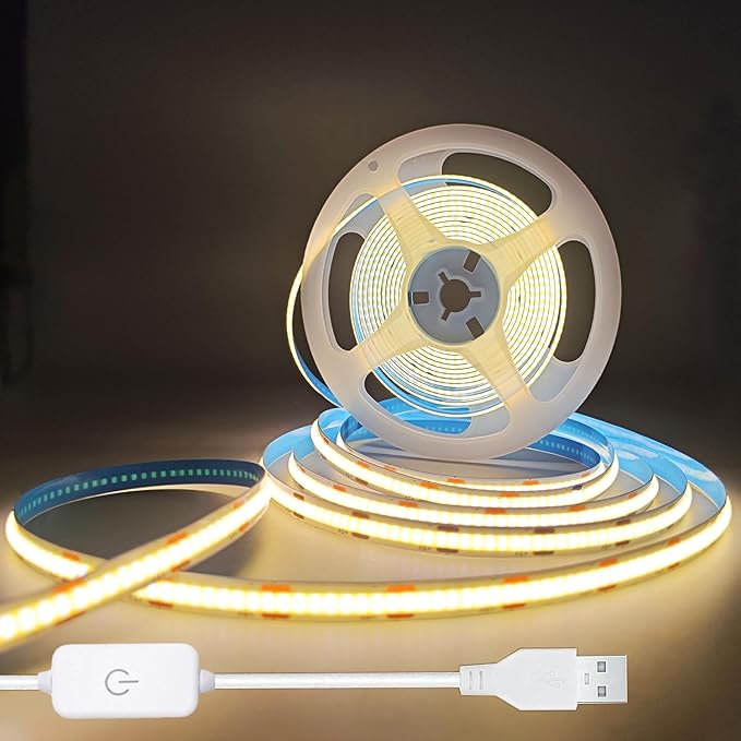 ZSLAIFU A 5V USB LED Light Strip, COB LED Strip Lights, White 5V LED Lights, Small LED Strip Light, TV Lights for TV Under Cabinet Kitchen Living Room Shelving or Displays (Warm 3.28ft)