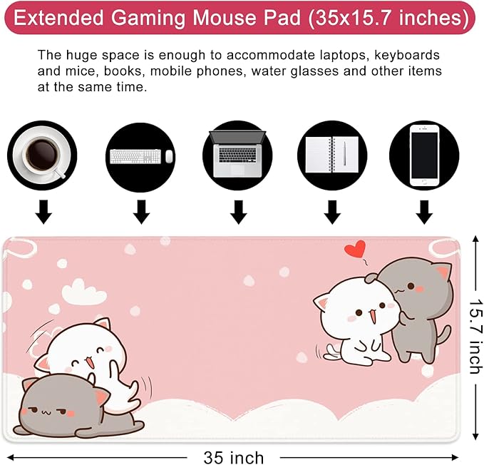 Pink Large Gaming Mouse Pad Cat Desk Mat Cute Mouse Mat 35x15.7x0.12 inch Women Extra Large Desk Pad (Pink -4)