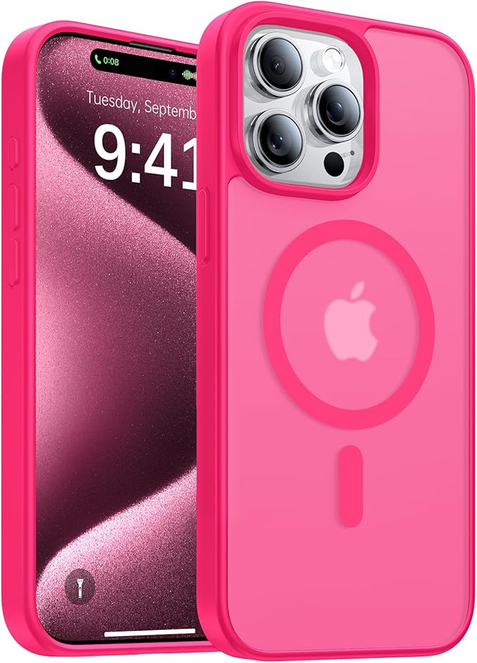 Magnetic for iPhone 15 Pro Max Case, [Compatible with MagSafe][Military-Grade Drop Protection][Anti-Yellowing] Shockproof Translucent Matte Cover for iPhone 15 Pro Max Phone Case,Hot Pink