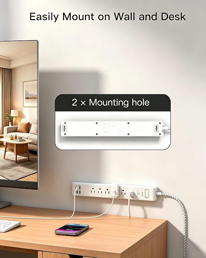 Surge Protector Power Strip 25FT, 10-in-1 with 6 AC Outlets 4 USB Ports(2 USB-C), Ultra Flat Plug Braided Extension Cord, Wall Mountable, 1080J Surge Protection, ETL Listed, White
