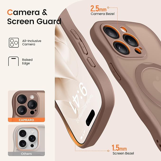 CAPRARO for iPhone 13 Pro Max Case with 360° Spin Magnetic Stand for Women, [Compatible with MagSafe] [Full Camera Protection] Cute Wave Translucent Matte Case for iPhone 13 Pro Max, Brown