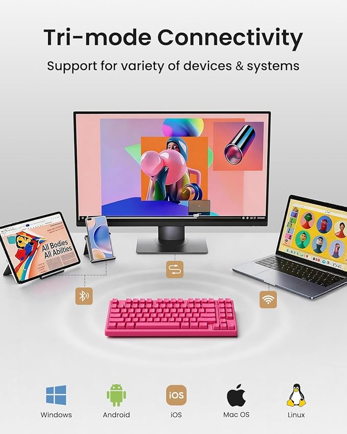 Kisnt KN85 Wireless Mechanical Keyboard, 75% Layout with RGB Backlit, Bluetooth/2.4GHz/USB-C, Custom Hot Swappable Silent Switches, Quiet Typing for Windows/Mac/PC (Berry Red)