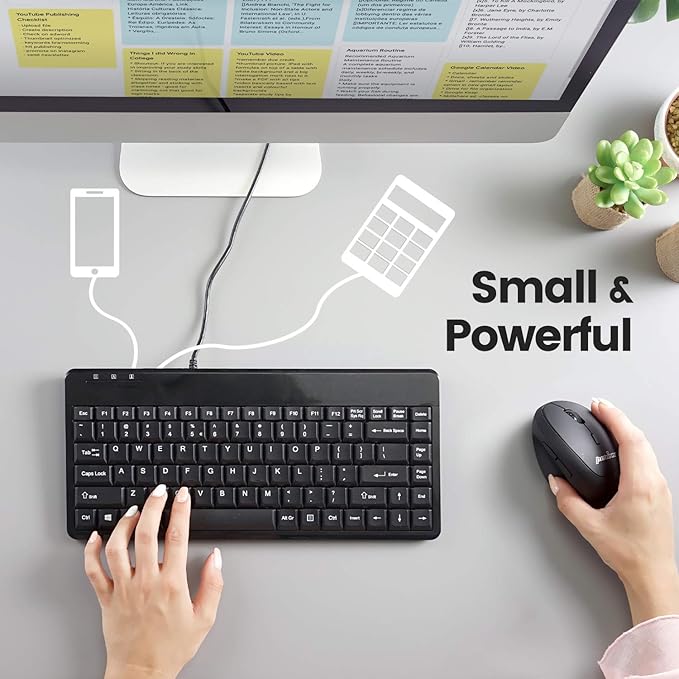 Perixx PERIBOARD-409H Wired USB Mini Keyboard with 2 USB Hubs, Black, US English Layout