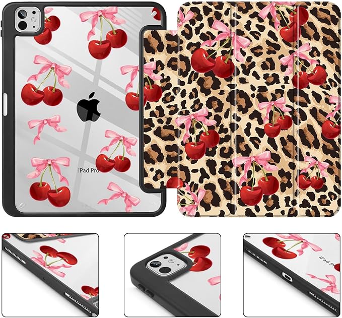 May Chen for iPad Pro 13 Inch Case M5 2025 / M4 2024, Built Pencil Holder & Clear Transparent Print Back Shell Slim Stand Shockproof Tablet Cover, Auto Wake/Sleep, Cherry & Cheetah