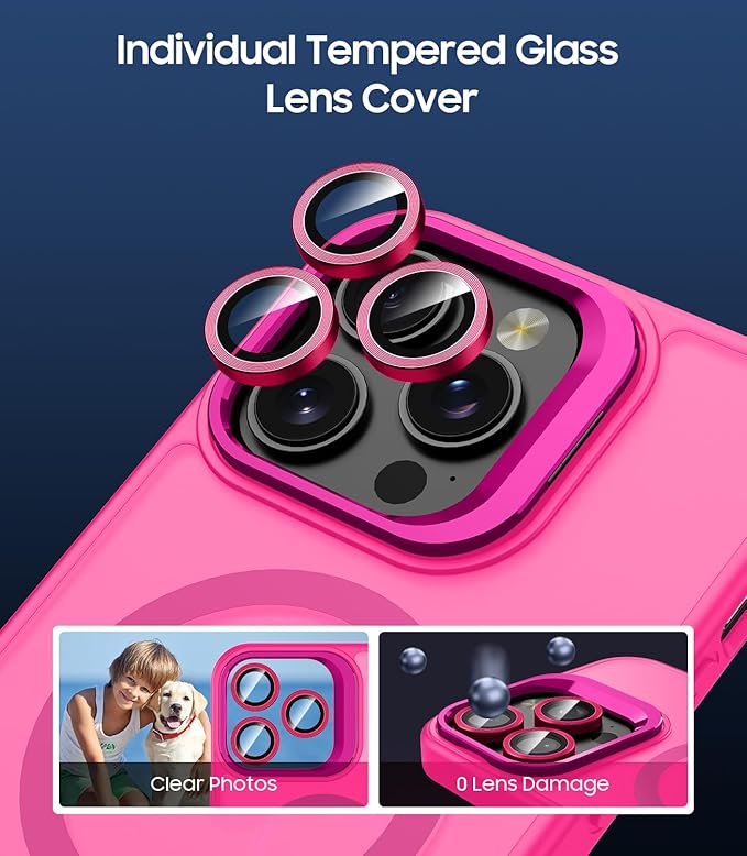 TOBOVON for iPhone 16 Pro Max Case, Compatible with MagSafe, Built-in Camera Ring Stand, with Individual Camera Cover, Translucent Matte Military-Grade Drop Protection Magnetic Case, Hot Pink